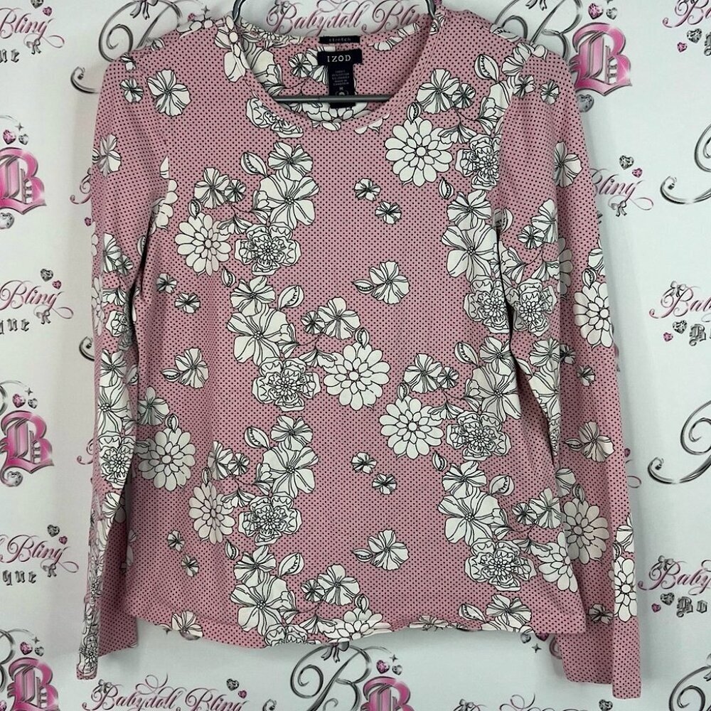 Izod long sleeve lace look flowers white black Pink Floral Sweatshirt
